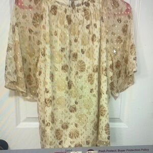 LOFT Cream and Gold Patterned Blouse